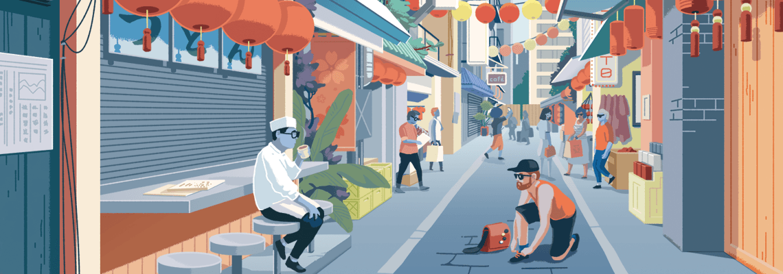 Rue à Tokyo, Japon, avec des touristes, des commerçants et des lanternes en papier colorées