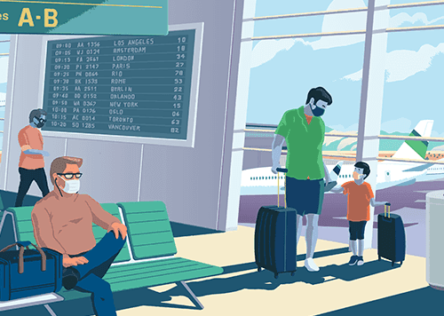 Zone d'embarquement de l'aéroport avec des personnes portant des masques, attendant, y compris un homme assis et un enfant tenant la main de sa mère, et un autre homme regardant un tableau des horaires de vol