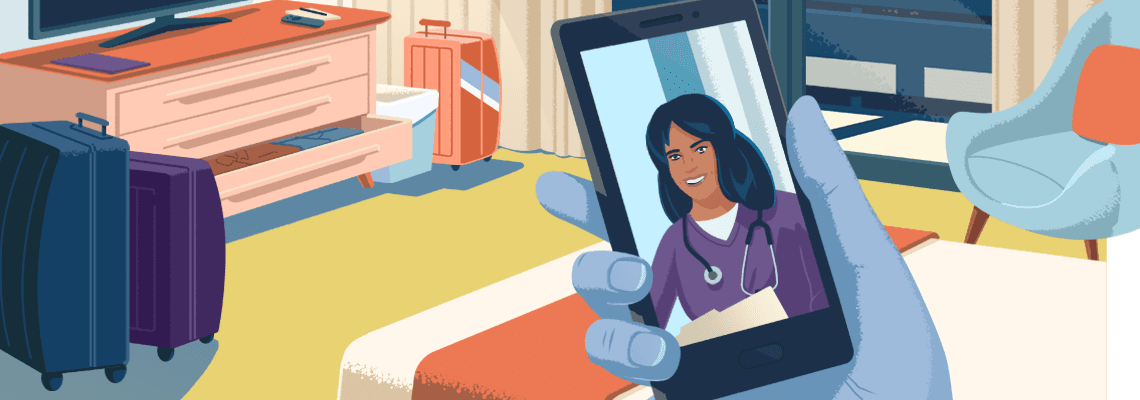 Hand holding a phone while taking a video call from doctor.